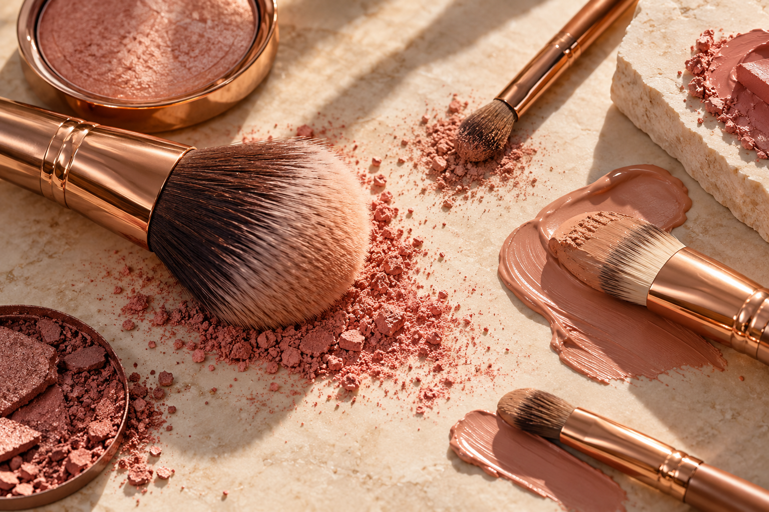 Composición de pinceles y pigmentos en tonos cobre y rosa sobre una superficie marfil