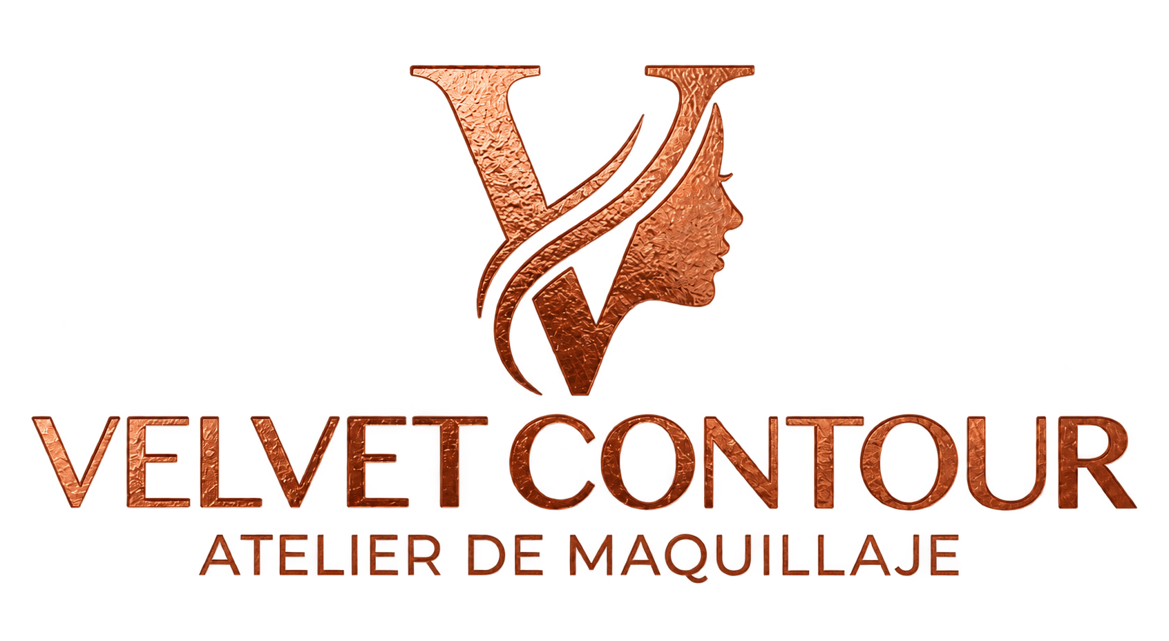 Emblema de Velvet Contour: una V de cobre con un perfil femenino y el nombre Atelier de maquillaje