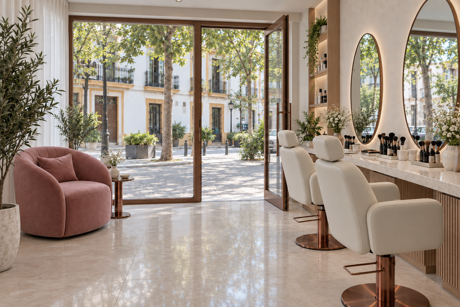 Vista del atelier desde el fondo hacia la entrada acristalada, con tocadores a la derecha y zona de estar a la izquierda