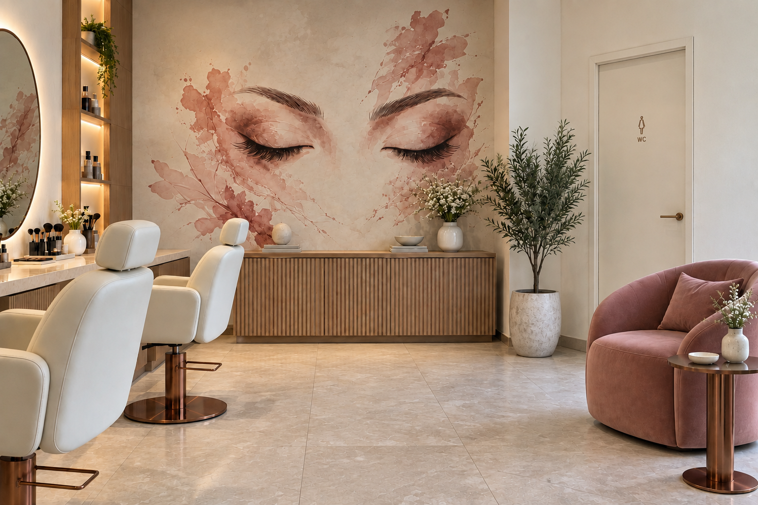 El atelier Velvet Contour, con su mural de ojos, tocadores iluminados y sillón rosa