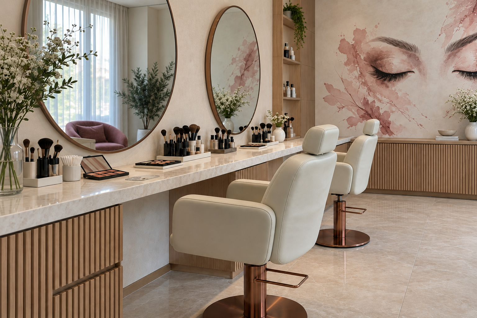 Tocadores iluminados y herramientas de maquillaje en el interior del atelier